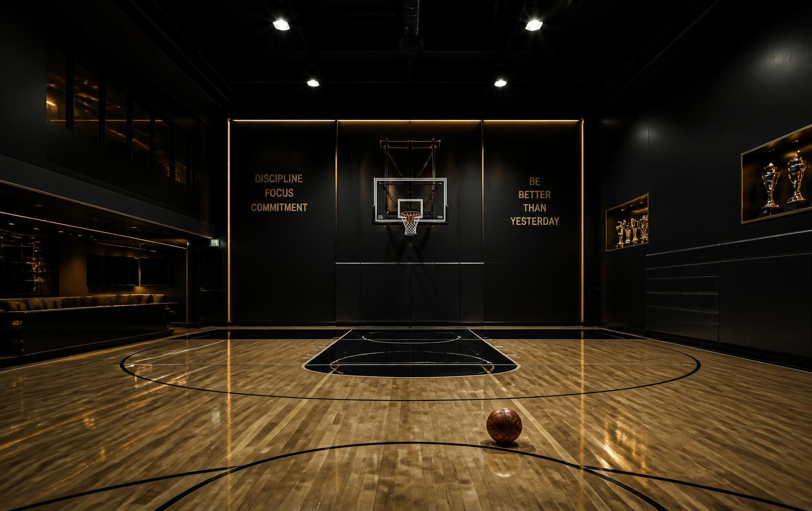 Regulation hardwood basketball court at The Champion's Factory